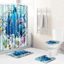 Shower Curtains 3D Ocean Dolphin Printed Waterproof Bathroom Curtain Set Anti-Slip Rugs Toilet Lid Cover Bath Mat Bathtub Decor