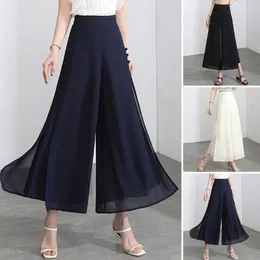 Women's Pants Women Chiffon Elastic High Waist Wide Leg Solid Colour Casual Trousers Loose Fit Side Split Design Long