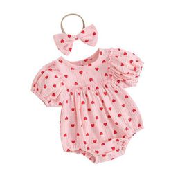 Rompers Baby Girl Valentines Day Bodysuit Headband Preschool Short Sleeve Heart Print Bodysuit Summer SetL2405