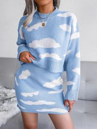 Casual Dresses Autumn Winter In White Cloud Knitted Sweater Pullover Wrapped Hip Half Skirt Two Piece Set For Women Streetwear