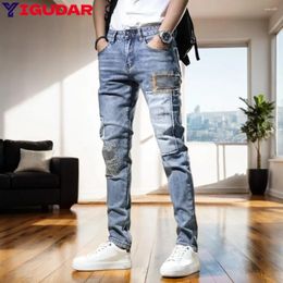Men's Jeans Hip Hop Streetwear Fashion Versatile Frayed Patch Men Autumn Casual Cotton Stretch Denim Pants Slim Distressed Trousers