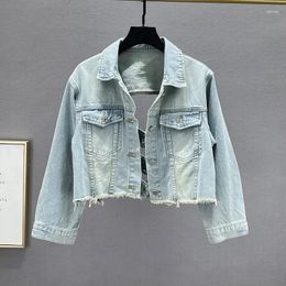 Women's Jackets Vintage Slim Short Denim Jacket Women Black Hem Frayed Cowboy Outerwear Korean Back Hollow Out Big Pocket Jeans Female