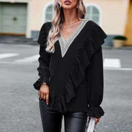 Women's Blouses Elegant Ruffles Tops Women Autumn Long Flare Sleeve Loose Shirts Office Lady Vintage Lace Satin Blouse V Neck Clothes 27988