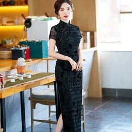 Ethnic Clothing 2024 Spring/Summer Black Flocking Long Cheongsam Youth Style Slim Fit Vintage Elegant Chenille