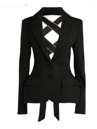 Women's Suits Black Cut Out Bandage Bowknot Blazers For Women Notched Collar Long Sleeve Solid Jackets Female Clothing 2024 Style