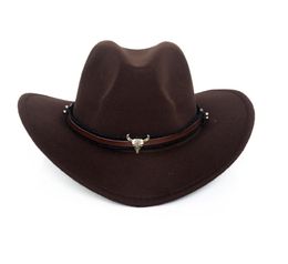 Wide Brim Western Cowboy Hat Men Women Wool Felt Fedora Hats Leather Ribbon Bull Head Band Panama Cap5251922
