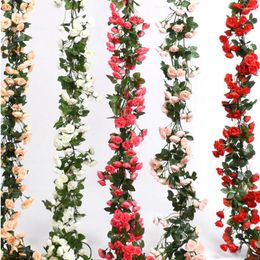 Decorative Flowers 2.4m Mini Rose Artificial Rattan Silk Leaves Vine Hanging Garland For Wedding Wreath Wall Decor Plants