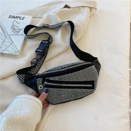 Waist Bags Luxury Crystal Diamonds PU Leather For Women Trendy Fanny Pack Female Wide Strap Crossbody Chest Bag 2024