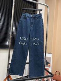 Solid color baggy jeans spring and summer designer embroidered logo wide leg casual loose straight leg denim pants for women
