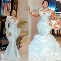 Plus Size White Mermaid Wedding Dresses With Detachable Train Gillter Long Sleeve Beaded Crystals Arabic Aso Ebi Bridal Gowns 0514