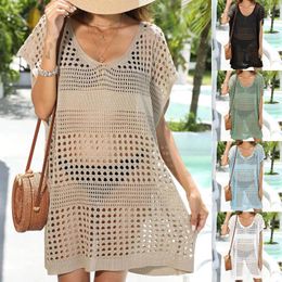 Solid Knitted Hollow Out Beach Cover Up V Neck Sexy Beachwear Women Shirt Bikini Swimsuit Cover-Ups For Pareo