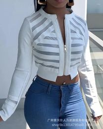 Women's Jackets Sheer Mesh Zip Front Long Sleeve Crop Jacket White Coats Y2k Streetwear For Women Spring Summer Autumn