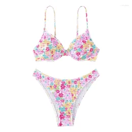 Women's Swimwear Women Pleated Swimsuit Print Swimwears Sexy Small Chest Gathered Bathing Suit Swimming