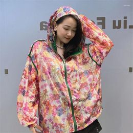 Women's Jackets Plus Size Floral Print Sequins Sunscreen Clothes Female Hooded Summer Jacket Casual Loose Thin Cardigan Clothing