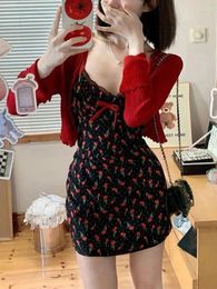 Work Dresses Spring Sweet Kawaii 2 Piece Set Woman Red Long Sleeve Cardigan Strap Floral Y2k Mini Dress Party Korean Fashion Suit 2024 Chic