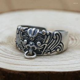 Cluster Rings In Fashion 925 Thai Silver Vintage Carving Chinese Style Divine Beast Gluttony Texture Mens Retro Banquet Jewellery