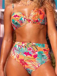 Women's Swimwear High Waist Push Up Bikinis Sets Swimsuit Floral Tropical Print Thong Tie Back Brazilian Beach Women Trend Bathing Suits
