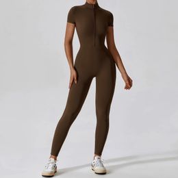 Yoga Set Womens Jumpsuits One-Piece Suit Zipper Short Sleeve Gym Push Up Workout Clothes Fitness Bodysuit Sportswear Tracksuit 240514