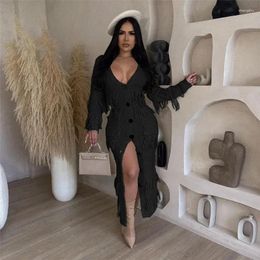 Casual Dresses Knit Hollow Single-Breasted Women Dress Sexy V Neck See Through Pocket Long Sleeve Tassel Skinny Stretch Streetwear Slim