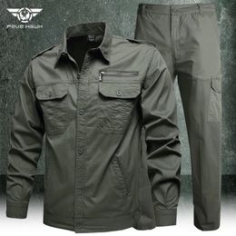 Spring Work Clothing Set Men Tactics Military Cotton Combat Cotton Shirts and Cargo Pants Army Green Causal Loose Suits Summer 240513