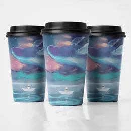 Disposable Cups Straws 50pcs Net Red Blue Whale Dream 90mm Milk Tea Coffee Paper Cup 500ml 700ml Matte And Cold Drink With Lids