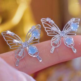 Stud Earrings Trendy Hollowed Out Butterfly Blue Rose For Women's Temperament Jewelry S925 Silver Needle Study Zirconia Gift