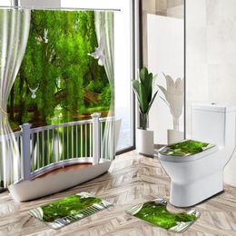 Shower Curtains Forest Waterfall Ocean Window View Curtain Rural Plant Natural Scenery Non-Slip Rug Toilet Cover Bath Mat Bathroom Set