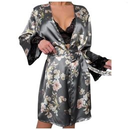 Home Clothing Spring Summer Ladies Silk Satin Robe Comfort Floral Printed Sleepwear Sexy Nightgown Bathrobe Femme Silky Cardigan Gown