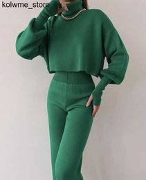 Women's Tanks Camis Knitted Womens Trousers Suit Winter Loose Turtleneck Sweater Two Piece Set Casual Long Sleeve Knitwear+Wide Leg Pants Outfits S24514