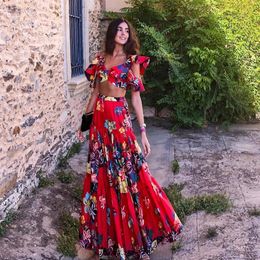 Summer 2 Piece Sets Women Floral Skirts Suits Sexy Cropped Top maxi Dress Long Pleated Skirts Bohemian Boho Clothing Woman Suit 240514