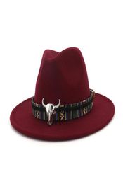 Unisex Wide Brim Cowboy Fedora Hat Bull Head Decoration Men Women Wool Felt Trilby Gambler Hats Jazz Panama Caps286S9016411