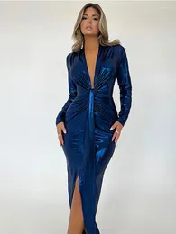 Casual Dresses Sexy Shiny PU Women's Bodycon Dress V-neck Front Split Pleated Female 2024 Hip Package Long Sleeve Lady's Vestidos