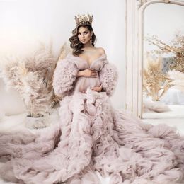 Gorgeous Pink Prom Dress Off The Shoulder Maternity Dresses For Photo Shoot Tulle Ruffles Puffy Robe Dressing Gown Pregnancy Clothes 282a