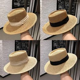 Wide Brim Hats For Women Flat Top Breathable Fedora Hat Sun Panama Summer Straw Beach