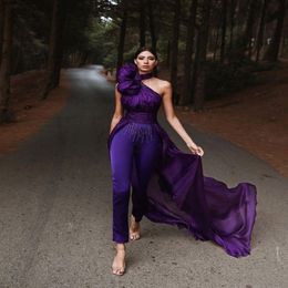 Elegant Arabic Purple Jumpsuit Formal Evening Dresses One Shoulder Runway Prom Dress With Trains Sequins Beads Pageant Gowns Special Oc 225r