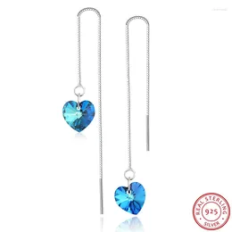 Dangle Earrings Real 925 Sterling Silver Drop Long Chain Piercing Original Heart Crystals From Austria For Women Wedding Party