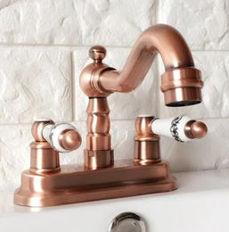 Kitchen Faucets Antique Red Copper Brass Double Hole Deck Mount Bathroom Sink Faucet Swivel Spout Cold Mixer Water Tap 2rg046