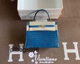 Handbag Keliys Genuine Leather 7A bag 25cm Izmir blue 7W Bleu Izmir glossy two-point crocodile skin silver buckle