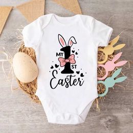 Rompers Cotton My 1st East jumpsuit suitable for newborns white short sleeved Easter Baby Rompers cute summer tight fitting outfitL2405