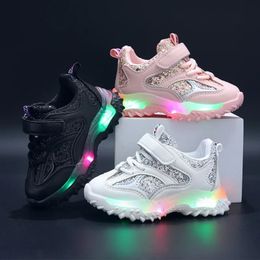Summer Sneakers Kids Fashion Girls LED Light Shoes Letter Mesh Breathable Luminous Casual Sports Boys 240506