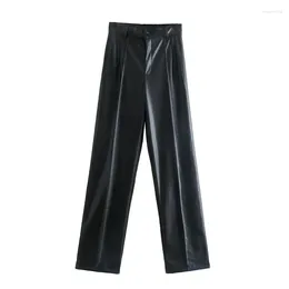 Women's Pants Faux Leather Pant Za Black Women High Waist Woman Trousers Autumn 2024 Fashion Streetwear Wide Leg Loose