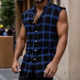 Men's Tank Tops Plaid Print Vest Men Summer Fashion Casual Sleeveless T Shirt Gym Sporty Single Breasted Male Clothing