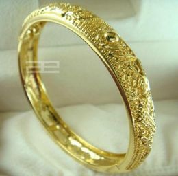 24ct yellow gold filled GF Chinese carving Wedding open Bangle bracelet 10mm band width 58mm diameter G997614820