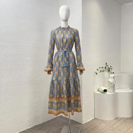 Casual Dresses Yellow Floral Print Long Flare Sleeve Midi Dress With Belt 2024 High Quality Vintage Women Clothes Beach Style For Holiday