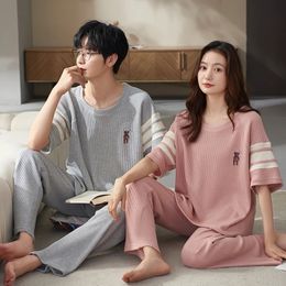 Cotton Short Sleeping Tops Long pant Sleepwear For Couples Korean Fashion Nightwear Men Pijamas Women Pyjamas Set Pjs 240428