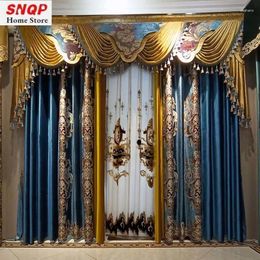 Curtain European Custom Size Embroidery Luxury Blue Velvet Curtains For Living Room Bedroom Dining Window Tulle Valance Thicken Decor