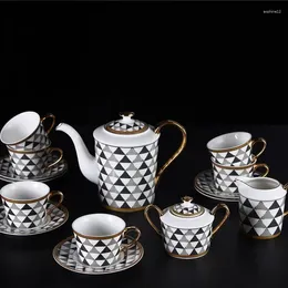 Teaware Sets 3D Diamond Vision Gold Trim Bone China Nordic Teapot Set Ceramic Coffee Cup 15pcs Coffeeware Saucer Milk Pot Giftbox
