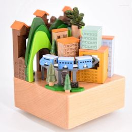 Decorative Figurines Manual Wind-up Music Box Magic City Wooden Creative Train Modelling Text Created Handmade Gifts