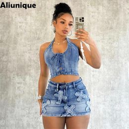 Work Dresses Aliunique Fashion Women Halter Bangage Backless Sexy Wash Denim Top Hig Waist Mini Skirt Two Piece Set Temperament 2024 Summer