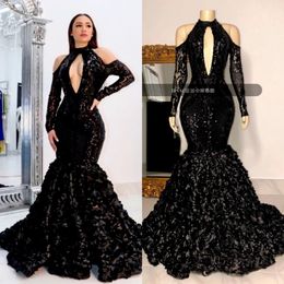 2022 Black Tiered Skirts Prom Dresses African High Neck 3D Lace Flowers Sequined Evening Gowns Plus Size Reflective Dress 193S